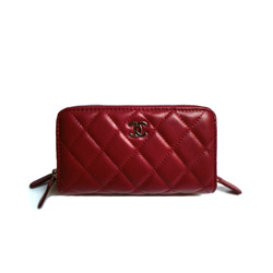 샤넬 램스킨 지퍼 3단 동전지갑 레드/은장